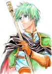  agahari armor blue_eyes cape ephraim fire_emblem fire_emblem:_seima_no_kouseki gloves green_hair holding male_focus polearm prince serious solo spear weapon 