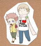  =_= axis_powers_hetalia blonde_hair blush camera chibi english food full_body holding_hands ice_cream latvia_(hetalia) male_focus multiple_boys russia_(hetalia) scarf shirt t-shirt 