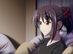  1girl brown_eyes brown_hair game_cg isurugi_chie katakura_shinji kira_kira purple_hair ribbon short_hair 