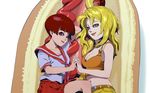  bangs belt blonde_hair blunt_bangs bra_strap breasts cleavage color_connection daromeon denim flat_chest holding_hands hot_dog interlocked_fingers jeans ketchup ketchup_ninja lips long_hair looking_at_viewer lying mary_(ketchup_ninja) medium_breasts midriff minigirl multiple_girls mustard navel on_side pants pleated_skirt red_eyes red_hair school_uniform serafuku shinoko_(ketchup_ninja) short_hair skirt smile spaghetti_strap yellow_eyes 