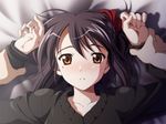  1girl brown_eyes brown_hair game_cg isurugi_chie katakura_shinji kira_kira purple_hair ribbon short_hair 