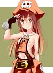  bad_id bad_pixiv_id belt breasts brown_eyes brown_hair fingerless_gloves gloves guilty_gear guilty_gear_xrd hat highres long_hair looking_at_viewer may_(guilty_gear) navel nipples orange_eyes orange_hat orange_shirt perky_breasts pirate_hat salute shirt simple_background skull skull_and_crossbones small_breasts smile solo suppy tabard 