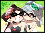  +_+ 2girls :d aori_(splatoon) artist_name bare_shoulders black_border black_hair blush border breasts cleavage domino_mask dress earrings eromame eyebrows eyes_closed gloves grey_hair hair_bun heart hotaru_(splatoon) jewelry long_hair mask massage medium_breasts multiple_girls nintendo open_mouth pointy_ears smile splatoon splatoon_(series) splatoon_1 symbol-shaped_pupils tentacle_hair thick_eyebrows white_gloves 