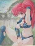  armor armpits asagiri_youko bikini_armor boots bug butterfly forest genmu_senki_leda insect knee_boots nature red_hair rie_(ae10171) shikishi sitting solo traditional_media 