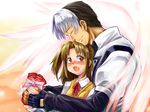  1girl angel_wings blush brown_hair couple crossover fang gift_bag hetero imai_nyuu long_hair m.u.g.e.n melty_blood red_eyes ribbon sachiel_(mugen) school_uniform silver_hair smile tsukihime valentine wings yumizuka_satsuki 