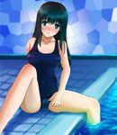  black_hair breasts cameltoe green_eyes highres lips long_hair medium_breasts norte one-piece_swimsuit original pool poolside school_swimsuit smile solo swimsuit water 