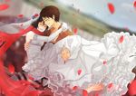  1girl arms_around_neck barefoot black_hair blurry bridal_veil brown_hair carrying closed_eyes couple depth_of_field dress dutch_angle elbow_gloves eren_yeager frills gloves happy hetero hug jacket jewelry mikasa_ackerman object_spring paradis_military_uniform petals princess_carry profile red_petals ring scarf shingeki_no_kyojin short_hair smile soles tears toes veil wedding_dress wedding_ring 