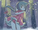  1girl ass black_hair blush_stickers bow commentary constanze_amalie_von_braunschbank-albrechtsberger hair_bow little_witch_academia long_ponytail looking_at_viewer looking_back orange_peel_(artist) panties pantyshot pantyshot_(standing) red_panties santa_costume snowing solid_eyes solo standing thick_eyebrows underwear wind wind_lift 