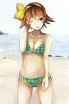  beach bikini blue_eyes brown_hair hairband hiei_(kantai_collection) highres kantai_collection one_eye_closed plan_(planhaplalan) short_hair smile solo swimsuit 