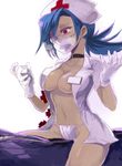  blue_hair body_bag breasts choker dress eyepatch fundoshi gloves hat japanese_clothes large_breasts navel no_bra nurse nurse_cap open_clothes open_dress ponytail red_cross red_eyes short_dress skullgirls straddling surgical_mask symbol-shaped_pupils valentine_(skullgirls) white_background white_gloves yuriyuri_(ccc) 