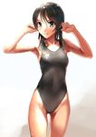  black_eyes black_hair black_swimsuit blush breasts competition_swimsuit cowboy_shot katahira_masashi long_hair looking_at_viewer one-piece_swimsuit original small_breasts smile solo swimsuit wet 