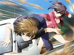  1boy 1girl blue_eyes brown_eyes brown_hair car game_cg hair_ornament isurugi_chie katakura_shinji kira_kira maejima_shikanosuke motor_vehicle short_hair vehicle 