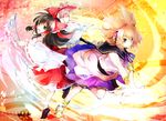  anklet ba_gua belt black_hair blonde_hair blue_eyes bow bracelet brown_eyes cherry_blossoms chrysanthemum detached_sleeves dress earmuffs flower gohei hair_bow hair_tubes hakurei_reimu highres jewelry leg_up long_hair looking_at_viewer looking_back makuwauri multicolored multicolored_background multiple_girls ofuda open_hand open_mouth outstretched_arm sandals shoes skirt skirt_set sleeveless sleeveless_dress smile socks sword tiptoes touhou toyosatomimi_no_miko trigram weapon yin_yang 