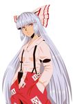  bow fujiwara_no_mokou hair_bow hair_ribbon hands_in_pockets highres long_hair pants red_eyes ribbon silver_hair solo suspenders touhou versapro very_long_hair white_hair 