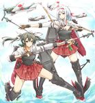  aircraft airplane armor arrow black_hair bow_(weapon) brown_eyes brown_gloves fighting_stance fingerless_gloves gloves hair_ribbon hairband highres kantai_collection karamoneeze long_hair multiple_girls muneate ribbon shirt shoukaku_(kantai_collection) silver_hair single_glove skirt smile twintails very_long_hair water weapon zuikaku_(kantai_collection) 