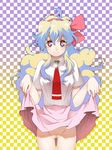  1girl bow checkered checkered_background cloud_hair hair_bow hairband long_hair multicolored_hair necktie nia_teppelin no_panties pink_skirt pubic_hair pussy skirt skirt_lift smile solo symbol-shaped_pupils tengen_toppa_gurren_lagann two-tone_hair yukimitsuki 