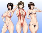  3girls asou_misaki bikini black_hair blue_eyes breasts brown_eyes brown_hair fatal_frame fatal_frame_4 gradient gradient_background highres large_breasts lipstick makeup micro_bikini minazuki_ruka ml multiple_girls pixiv_manga_sample short_hair sling_bikini swimsuit tsukimori_madoka 