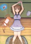  brown_eyes brown_hair cat coupe50 fan kayari_buta original paper_fan soaking_feet solo uchiwa 