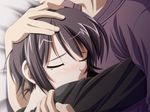  1girl eyes_closed game_cg hug isurugi_chie katakura_shinji kira_kira purple_hair ribbon short_hair 