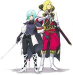  1girl 9wa aqua_hair armor baggy_pants black_gloves blonde_hair blue_hair boots cape cross-laced_footwear full_body gloves grandia grandia_i hair_over_one_eye leen_(grandia) mullen_(grandia) pants puffy_short_sleeves puffy_sleeves rapier short_hair short_sleeves standing sword weapon white_background white_gloves 