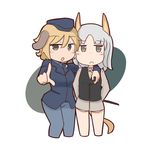  animal_ears arm_around_neck arms_behind_back blonde_hair blush_stickers brave_witches chibi dog_ears edytha_rossmann fox_ears fox_tail grey_eyes grey_hair hat honda_takashi_(enorea) jacket jitome looking_at_viewer military military_uniform multiple_girls open_mouth pantyhose pointing short_hair tail uniform vest waltrud_krupinski white_background world_witches_series 