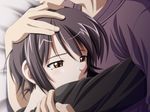  1girl brown_eyes brown_hair game_cg hug isurugi_chie katakura_shinji kira_kira ribbon short_hair 