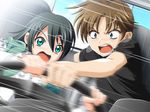  1boy 1girl aqua_eyes black_hair blue_eyes brown_hair car game_cg katakura_shinji kira_kira maejima_shikanosuke motor_vehicle shiraga_midori short_hair vehicle 