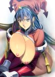  areolae ass bastard!! black_hair blush breasts breasts_outside earrings hat homare_(fool's_art) huge_breasts jester_cap jewelry looking_at_viewer nipples parted_lips porno_dianno purple_eyes sitting solo thighhighs wings 