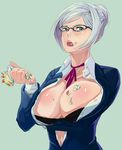  artist_request blush bra breasts cleavage food glasses highres kangoku_gakuen large_breasts prison_school shiraki_meiko tongue underwear 
