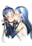  bare_shoulders blue_gloves blue_hair blush branch_(blackrabbits) cheek_kiss closed_eyes elbow_gloves gloves kantai_collection kiss long_hair multiple_girls necktie one_eye_closed sailor_collar samidare_(kantai_collection) sketch suzukaze_(kantai_collection) twintails yellow_eyes yuri 