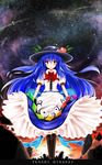  blue_hair boots character_name cross-laced_footwear food fruit hat highres hinanawi_tenshi lace-up_boots long_hair momoiro_lettuce peach sky solo star_(sky) starry_sky touhou very_long_hair 