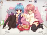  :d alarm_clock artist_name bed bird blue_eyes blue_hair blush_stickers bow bow_legwear breasts bunny bunny_hair_ornament candy candy_wrapper checkerboard_cookie cleavage clock controller cookie cup doll_hug dualshock food game_console game_controller gamepad glasses grin hair_bow hair_ornament hairclip hood hooded_track_jacket jacket koala medium_breasts miriry multiple_girls no_shoes one_eye_closed open_clothes open_jacket open_mouth original pantyhose penguin pink_hair playstation_2 ponytail purple_eyes red-framed_eyewear sitting skirt smile stuffed_animal stuffed_koala stuffed_penguin stuffed_toy sweater thighhighs track_jacket v zettai_ryouiki 