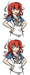  breast_conscious clothes_writing crying crying_with_eyes_open ego_trigger flat_chest hands_on_hips heart heart_necklace highres long_hair matsu-sensei mega_milk meme_attire messy_hair multiple_views o_o original purple_eyes pyre_(ego_trigger) raglan_sleeves red_hair shirt t-shirt tears 