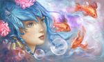  blue_eyes blue_hair bubble david_revoy earrings eyelashes face fish flower goldfish hair_flower hair_ornament hairclip highres jewelry lips lipstick long_hair makeup nose original solo 