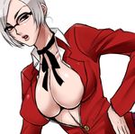  1girl artist_request breasts cleavage glasses kangoku_gakuen large_breasts prison_school shiraki_meiko simple_background solo 
