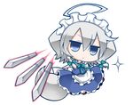  :&lt; ahoge angeltype animal_ears blue_eyes bow braid chibi dog_ears dog_tail grey_hair hair_bow inu_sakuya izayoi_sakuya jitome knife maid solo tail touhou twin_braids white_background 