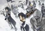  army bad_id bad_pixiv_id banner black_hair cross dutch_angle haijin hood hoodie knight multiple_boys multiple_girls pixiv_fantasia pixiv_fantasia_sword_regalia red_eyes shield snow soldier sword weapon 