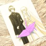  1girl bouquet bow bride c.c. code_geass dress flower formal hair_bow lelouch_lamperouge long_hair necktie origami paper_crane suit tiamat wedding wedding_dress 