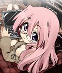  computer glasses kaisen_chuui laptop looking_back lucky_star pink_hair purple_eyes solo takara_miyuki 