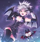  armpits bad_id bad_pixiv_id bat bat_wings black_legwear breasts cleavage cleavage_cutout cloud de-mo earrings elbow_gloves gloves jewelry kasai_shin komori_aimi large_breasts night panties pantyshot purple_eyes shadow_lady silver_hair sky solo star_(sky) starry_sky thighhighs underwear white_panties wings 