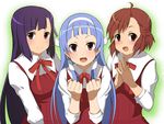  :d aoba_tsugumi blue_hair blush bow bowtie brown_eyes brown_hair clenched_hands hair_tubes hairband kannagi kyoku_tou long_sleeves looking_at_viewer multiple_girls nagi open_mouth red_bow red_neckwear school_uniform smile upper_body zange 