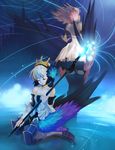  armor armored_dress boots choker crown dress elbow_gloves gloves griselda_(odin_sphere) gwendolyn kotetsu_motoya motion_blur multicolored multicolored_wings multiple_girls odin_sphere polearm spear strapless strapless_dress thigh_boots thighhighs weapon white_hair wings 