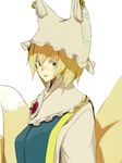  bangs blonde_hair blue_eyes blush brooch fakepucco fox_tail frills gem hair_between_eyes hat jewelry looking_at_viewer multiple_tails pillow_hat short_hair simple_background smile solo tabard tail touhou upper_body white_background yakumo_ran 