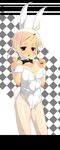  :o absurdres ahoge animal_ears arms_up black_nails blonde_hair blue_eyes bow bowtie breasts bunny_ears bunny_tail bunnysuit cameltoe checkered checkered_background cleavage covered_nipples dclc half-closed_eyes highres letterboxed looking_at_viewer nail_polish one-piece_tan original pantyhose shiny shiny_skin short_hair small_breasts solo standing tail tan tanline twintails white white_legwear wrist_cuffs 