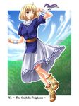  bird blonde_hair copyright_name elena_stoddart miyai_sen purple_eyes short_hair skirt solo ys ys_iii_wanderers_of_ys 