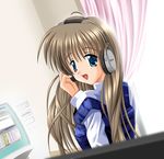  artist_request blue_eyes brown_hair computer copyright_request headphones long_hair looking_back non-web_source overalls solo 