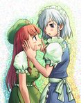  bad_id bad_pixiv_id braid hand_on_another's_face hat hong_meiling izayoi_sakuya multiple_girls niina_ryou red_hair silver_hair tears touhou twin_braids 