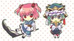  blue_dress chibi covered_mouth dress full_body hair_bobbles hair_ornament looking_at_viewer multiple_girls onozuka_komachi polearm red_eyes red_hair rod_of_remorse sash scythe shiki_eiki short_hair simple_background standing takitarou touhou two_side_up weapon white_background 