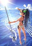  art_brush ass back bikini black_eyes black_hair brown_eyes day drawing full_body giant_brush katahira_masashi light_reflection_(water) long_hair mop nazca_lines original paintbrush ponytail sandals side-tie_bikini solo standing standing_on_liquid sun swimsuit water 