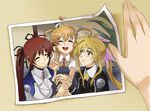  :d ^_^ ^o^ ahoge artist_request blonde_hair blush closed_eyes fate_testarossa hands lyrical_nanoha mahou_shoujo_lyrical_nanoha_strikers military military_uniform multiple_girls open_mouth photo_(object) pov red_eyes red_hair school_uniform side_ponytail smile takamachi_nanoha tsab_air_military_uniform tsab_executive_military_uniform twintails uniform upper_body vivio 